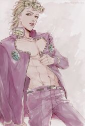 Rule 34 | 1boy, abs, belt, blonde hair, earrings, giorno giovanna, green eyes, jacket, jewelry, jojo no kimyou na bouken, kayaze, lips, long sleeves, looking at viewer, male focus, muscular, muscular male, navel, open clothes, open jacket, pants, pink jacket, pink pants, solo, stomach, vento aureo
