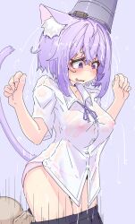 Rule 34 | 1boy, 1girl, bald, blue background, blush, breasts, bucket, bucket on head, cat girl, cat tail, clothes pull, highres, hololive, kajimakoto, large breasts, nekomata okayu, nipples, object on head, open mouth, panties, pink panties, pleated skirt, purple eyes, purple hair, see-through, short hair, simple background, skirt, skirt pull, solo focus, tail, underwear, virtual youtuber, water, wet, wet clothes