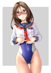 Rule 34 | 1girl, black sailor collar, blouse, blue eyes, blue one-piece swimsuit, blush, clothes lift, commentary request, competition swimsuit, cowboy shot, glasses, gluteal fold, grey background, hair ornament, hairclip, highleg, highleg swimsuit, highres, katahira masashi, lifting own clothes, long sleeves, looking at viewer, neckerchief, one-piece swimsuit, original, red-framed eyewear, red neckerchief, sailor collar, sailor shirt, school uniform, serafuku, shirt, shirt lift, short hair, solo, standing, swimsuit, swimsuit under clothes, two-tone background, white background, white shirt