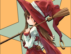Rule 34 | 1girl, bow, broom, brown hair, cape, hat, jewelry, long hair, looking at viewer, nagisa honoka, original, red bow, red cape, red skirt, ring, shirt, skirt, solo, star (symbol), starry background, white shirt, witch, witch hat