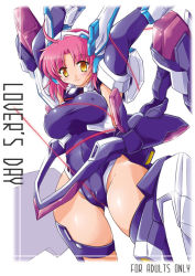 Rule 34 | 1girl, breasts, cable, cameltoe, cleft of venus, cover, cover page, covered erect nipples, crueltear, dual beat, elbow gloves, gloves, large breasts, mecha musume, pink hair, solo, string, string of fate, trigger heart exelica, yukitaka