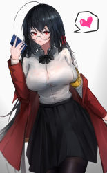 Rule 34 | absurdres, ahoge, armband, azur lane, black hair, black skirt, breasts, cleavage, cowboy shot, crossed bangs, e baishui, glasses, hair ribbon, heart, highres, holding, holding phone, jacket, large breasts, long hair, neck ribbon, off shoulder, official alternate costume, open clothes, open jacket, phone, pleated skirt, red eyes, red jacket, ribbon, round eyewear, shirt, skirt, taihou (azur lane), taihou (sweet time after school) (azur lane), tight clothes, tight shirt, uniform, white background, white shirt, yellow armband