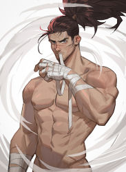 Rule 34 | 1boy, abs, amo (amo9612), arm wrap, bandaged arm, bandaged hand, bandages, bara, black hair, blue eyes, facial hair, highres, league of legends, long hair, looking at viewer, male focus, muscular, mustache, nipples, nude, pectorals, ponytail, scar, scar on face, scar on nose, solo, stubble, wind, yasuo (league of legends)