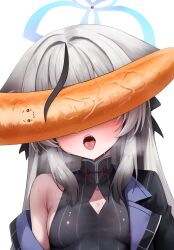 Rule 34 | 1girl, absurdres, bare shoulders, black hair, blondy (ldlong), blue archive, blush, breasts, carrot, food, grey hair, halo, highres, kokona (blue archive), long hair, multicolored hair, off shoulder, open mouth, sexually suggestive, simple background, small breasts, solo, streaked hair, sweat, tongue, two-tone hair, vegetable, white background