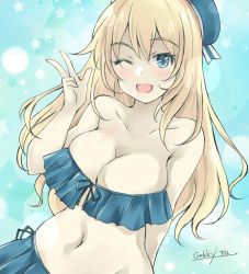 Rule 34 | 1girl, atago (kancolle), beret, bikini, bikini skirt, blonde hair, blue bikini, blue hat, breasts, cleavage, frilled bikini, frills, gakky, hat, kantai collection, large breasts, long hair, looking at viewer, one-hour drawing challenge, one eye closed, solo, swimsuit