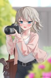 Rule 34 | 1girl, :d, absurdres, artist name, bag, belt, blue eyes, blue shorts, blurry, blurry background, blurry foreground, blush, breasts, camera, casual, cleavage, collarbone, commentary, cowboy shot, dot nose, english commentary, girls&#039; frontline, grey hair, hair ornament, handbag, highres, holding, holding camera, long sleeves, medium breasts, mp41 (girls&#039; frontline), open mouth, outdoors, pink sleeves, plant, rynzfrancis, shirt, shorts, small breasts, smile, solo, tree, white shirt