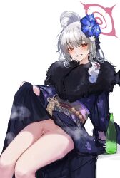 Rule 34 | 1girl, absurdres, alcohol, blue archive, blue flower, blush, bottle, clothes lift, drink, floral print, flower, fur-trimmed kimono, fur trim, grey hair, grin, hair bun, hair flower, hair ornament, halo, haruna (blue archive), haruna (new year) (blue archive), highres, holding, japanese clothes, kimono, kimono lift, lifting own clothes, long sleeves, looking at viewer, no panties, obi, official alternate costume, print kimono, purple kimono, putama, red eyes, sake, sash, simple background, single hair bun, single wing, sitting, smile, solo, teeth, thighs, wakamezake, white background, wings, yellow sash
