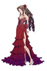 Rule 34 | 1girl, absurdres, aerith gainsborough, aerith gainsborough (red dress), arms behind back, back bow, bare arms, bow, breasts, brown hair, cleavage, collarbone, dress, etaa89, final fantasy, final fantasy vii, final fantasy vii remake, flamenco dress, flower, full body, green eyes, hair flower, hair ornament, hair ribbon, high heels, highres, jewelry, long dress, long hair, looking at viewer, medium breasts, nail polish, necklace, official alternate costume, parted bangs, plunging neckline, ponytail, red dress, red nails, ribbon, ringlets, sandals, side slit, sidelocks, solo, square enix, strapless, strapless dress, toeless footwear, toenail polish, toenails, wall market, wavy hair, white background