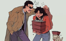 Rule 34 | 2boys, :d, ^ ^, absurdres, anger vein, black hair, bomber jacket, brown coat, brown jacket, closed eyes, coat, commentary request, cowboy shot, dog, endou yuuji, grey background, grey pants, hand in pocket, highres, holding, inudori, itou kaiji, jacket, kaiji, long hair, male focus, medium bangs, multiple boys, necktie, open clothes, open coat, open mouth, pachinko ball, pants, purple necktie, purple pants, short bangs, short hair, simple background, smile, sunglasses, teeth, upper teeth only, v-shaped eyebrows, very short hair