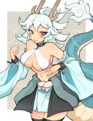 Rule 34 | 1girl, black skirt, black thighhighs, blonde hair, blue skirt, border, breasts, cleavage, commentary, criss-cross halter, detached sleeves, dragon girl, dragon horns, dragon tail, english commentary, fizzeru, grey background, halterneck, highres, horns, large breasts, looking at viewer, miniskirt, navel, original, outside border, simple background, skirt, solo, standing, tail, tattoo, thighhighs, triangle mouth, white border, wide sleeves, yellow eyes