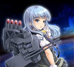 Rule 34 | 10s, 1girl, cloud, cloudy sky, fisheye, gloves, hatsukaze (kancolle), horizon, kantai collection, long hair, looking at viewer, machinery, night, night sky, ocean, school uniform, grey eyes, silver hair, sky, solo, sparkle, tk8d32, turret, white gloves