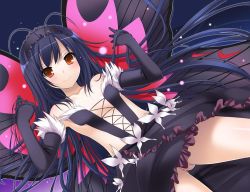 Rule 34 | 10s, 1girl, accel world, antenna hair, black hair, blush, bug, butterfly, butterfly wings, dress, elbow gloves, frills, gloves, hairband, insect, insect wings, kuroyukihime, long hair, nakajima yuka, no panties, red eyes, ruffling hair, smile, solo, thighs, wings