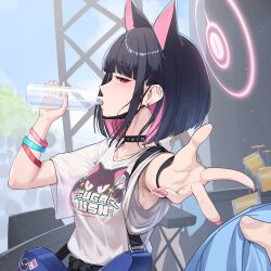 1girl absurdres animal_ears black_choker black_hair black_jacket blue_archive bottle bracelet breasts choker clothes_around_waist clothes_writing colored_inner_hair drinking drum drum_set earrings guitar halo highres holding holding_bottle ilsae instrument jacket jacket_around_waist jewelry kazusa_(band)_(blue_archive) kazusa_(blue_archive) multicolored_hair multiple_bracelets pink_eyes pink_hair pink_nails reaching reaching_towards_viewer shirt short_hair solo white_shirt