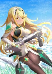 Rule 34 | 1girl, bare shoulders, black pantyhose, blonde hair, breasts, chest jewel, dress, earrings, elbow gloves, gloves, highres, inuneco, jewelry, large breasts, long hair, mythra (massive melee) (xenoblade), mythra (xenoblade), nintendo, pantyhose, short dress, solo, super scope, super smash bros., swept bangs, tiara, very long hair, white dress, white gloves, xenoblade chronicles (series), xenoblade chronicles 2, yellow eyes