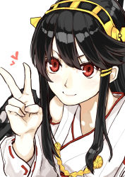 Rule 34 | 10s, 1girl, bare shoulders, black hair, detached sleeves, hair between eyes, hair ornament, hairband, hairclip, haruna (kancolle), headgear, kantai collection, looking at viewer, nontraditional miko, poco (backboa), red eyes, ribbed sweater, simple background, smile, solo, sweater, upper body, v, white background