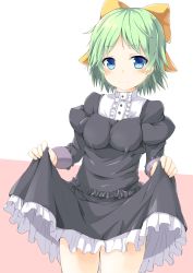 Rule 34 | 1girl, blue eyes, bluekalmia, clothes lift, dress, dress lift, green hair, hair ribbon, highres, lifted by self, looking at viewer, oshiro project:re, oshiro project:re, ribbon, simple background, skirt, skirt lift, solo
