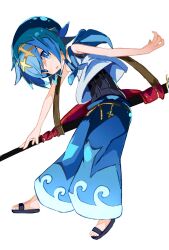 Rule 34 | 1girl, :o, baggy pants, black one-piece swimsuit, blue eyes, blue hair, blue pants, blue sailor collar, bright pupils, capri pants, covered navel, creatures (company), flat chest, flipped hair, game freak, hairband, highres, holding, holding sword, holding weapon, katana, lana (pokemon), looking at viewer, medium bangs, miyakawa106, nintendo, one-piece swimsuit, open mouth, pants, pokemon, pokemon sm, sailor collar, sandals, sheath, sheathed, shirt, short hair, simple background, sleeveless, sleeveless shirt, solo, swimsuit, swimsuit under clothes, sword, weapon, white background