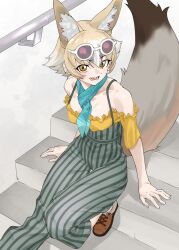 Rule 34 | 1girl, :d, animal ear fluff, animal ears, aqua neckerchief, bare shoulders, blonde hair, brown footwear, collarbone, commentary request, extra ears, eyewear on head, fox ears, fox girl, fox tail, gradient hair, grey hair, grey pants, hair between eyes, highres, kemono friends, kit fox (kemono friends), looking at viewer, multicolored hair, neckerchief, open mouth, pants, shoes, short hair, short sleeves, sitting, smile, solo, stairs, striped clothes, striped pants, sunglasses, tail, tanabe (fueisei), vertical-striped clothes, vertical-striped pants, white-framed eyewear, white hair, yellow eyes