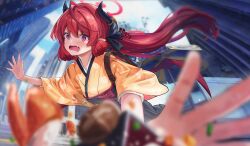Rule 34 | 1girl, bento, black skirt, blue archive, halo, highres, japanese clothes, junko (blue archive), junko (new year) (blue archive), kimono, lazy cat, looking at viewer, purple eyes, red hair, skirt, solo, twintails, yellow kimono