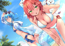 Rule 34 | 2girls, 35p (sakura miko), ass, bare arms, bare shoulders, bikini, blue bikini, blue eyes, blue hair, blue sky, breasts, chestnut mouth, cleavage, cloud, commentary request, day, eyewear on head, gluteal fold, green eyes, hair between eyes, hair ornament, hairclip, halterneck, highres, holding, holding removed eyewear, hololive, hoshimachi suisei, innertube, leaning forward, long hair, looking at viewer, medium breasts, multiple girls, open mouth, outdoors, red hair, roke (taikodon), sakura miko, side-tie bikini bottom, sky, small breasts, string bikini, sunglasses, sunglasses on head, swim ring, swimsuit, unworn eyewear, virtual youtuber, white bikini, x hair ornament