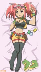 Rule 34 | 00s, 1girl, belt, bike shorts, black shirt, black thighhighs, blush, breasts, card, card holster, covered erect nipples, dakimakura (medium), dinosaur king, feet, fingerless gloves, gloves, goggles, highres, jacket, large breasts, legs, looking at viewer, lying, midriff, navel, nervous, on back, open mouth, purple eyes, red hair, shirt, shoes, unworn shoes, shorts, shy, sneakers, solo focus, spread legs, tatsuno malm, thighhighs, thighs, twintails, vest, wanderer (furafuradou), yellow shorts, yellow vest