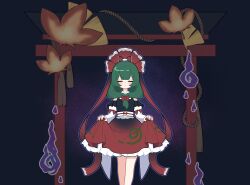 Rule 34 | 1girl, absurdres, alternate costume, bow, closed eyes, dress, fire, frilled dress, frilled ribbon, frills, front ponytail, green hair, hair bow, hair ribbon, highres, kagiyama hina, lifted by self, no noru, purple background, purple fire, ribbon, solo, torii, touhou