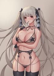 Rule 34 | 1girl, arm under breasts, azur lane, baeg mi, black bow, black gloves, black ribbon, black thighhighs, blush, bow, bra, breasts, brown bra, brown panties, cleavage, closed mouth, collarbone, cowboy shot, earrings, fingerless gloves, floral print, formidable (azur lane), garter belt, gloves, hair bow, hand on own chest, highres, jewelry, large breasts, lingerie, long hair, looking at viewer, mouth hold, navel, neck ribbon, panties, print bra, print panties, red eyes, ribbon, rose print, silver hair, skindentation, smile, solo, stomach, thighhighs, twintails, underwear, underwear only, very long hair