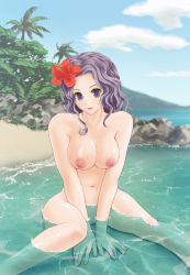 Rule 34 | 1girl, bad id, bad pixiv id, barefoot, beach, blush, breasts squeezed together, breasts, curly hair, day, flower, hair flower, hair ornament, hibiscus, kara-age daisuki, large breasts, legs, long hair, looking at viewer, navel, nipples, nude, ocean, original, outdoors, palm tree, purple eyes, purple hair, rock, short hair, sitting, sky, smile, solo, tree, v arms, water, wavy hair