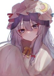Rule 34 | 1girl, blush, bow, closed mouth, corrupted twitter file, crescent, crescent hat ornament, dress, hair between eyes, hat, hat ornament, highres, long hair, looking at viewer, mob cap, patchouli knowledge, pink dress, pink hat, purple eyes, purple hair, shion 343, signature, simple background, solo, touhou, upper body, white background, yellow bow