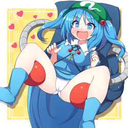 Rule 34 | 1girl, assisted exposure, backpack, bag, blue dress, blue eyes, blue hair, blush, cleft of venus, dress, green headwear, hair ornament, heart, kawashiro nitori, key, m legs, mechanical arms, medium hair, open mouth, panties, presenting another, rizento, spread legs, surprised, sweatdrop, touhou, twintails, underwear, upskirt, white panties