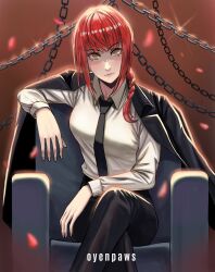 Rule 34 | 1girl, arm rest, artist name, black jacket, black necktie, black pants, black suit, braid, breasts, brown background, chain, chainsaw man, closed mouth, collared shirt, commentary, couch, crossed legs, deviantart username, dress shirt, fingernails, formal, highres, instagram username, jacket, jacket on shoulders, long hair, long sleeves, looking at viewer, makima (chainsaw man), medium breasts, necktie, on couch, oyenpaws, pants, red hair, ringed eyes, serious, shirt, single braid, sitting, solo, staring, suit, suit jacket, twitter username, white shirt, yellow eyes