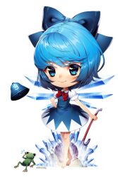 Rule 34 | 1girl, bare arms, bare legs, barefoot, bell, blue bow, blue dress, blue eyes, blue hair, bow, bowtie, chibi, circle skirt, cirno, closed mouth, collared shirt, commentary, commission, crossed legs, crowbar, crystal, dress, english commentary, eyelashes, flying sweatdrops, frog, full body, hair bow, hand on own hip, holding, holding crowbar, ice, ice wings, light blush, light particles, no shoes, pink lips, puffy short sleeves, puffy sleeves, red bow, red bowtie, satchely, shirt, short dress, short hair, short sleeves, sleeveless, sleeveless dress, smile, solo, standing, toes, touhou, transparent background, triangle print, white shirt, wings