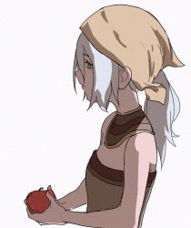 Rule 34 | 1girl, apple, bare shoulders, cecie (gravity daze), food, fruit, gravity daze, gravity daze 2, hair over one eye, kerchief, long hair, ponytail, profile, silver hair, solo, yellow eyes