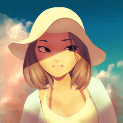 Rule 34 | bad id, bad pixiv id, bmo art, bra strap, brown eyes, brown hair, close-up, cloud, hair strand, hat, lips, looking to the side, medium hair, open clothes, open shirt, original, portrait, shaded face, shirt, sky, smile, solo, sun hat, tank top, undershirt, white tank top