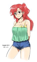 Rule 34 | 1girl, ano natsu de matteru, bare shoulders, bow, breasts, brown eyes, cleavage, closed mouth, cowboy shot, dated, denim, denim shorts, highres, looking at viewer, one side up, red hair, round eyewear, shirt, short shorts, shorts, signature, simple background, smile, solo, tachibana roku, takatsuki ichika, white background, yellow bow