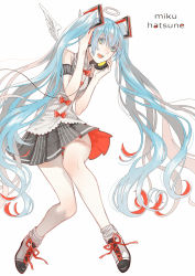 Rule 34 | 1girl, aqua hair, character name, green eyes, halo, hatsune miku, headphones, highres, legs, long hair, open mouth, simple background, skirt, solo, tattoo, twintails, uryoko, very long hair, vocaloid, white background, wings