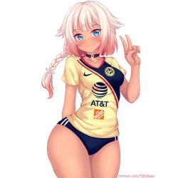 Rule 34 | 1girl, blonde hair, blue eyes, blush, braid, breasts, buruma, cevio, choker, collarbone, commentary, cowboy shot, english commentary, gradient hair, highres, jersey, long hair, looking at viewer, medium breasts, multicolored hair, nottytiffy, one (cevio), patreon username, smile, solo, standing, tan, v, watermark, web address, white background