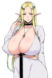 Rule 34 | 1girl, blonde hair, blush, breasts, choker, cleavage, curvy, dress, elf, green eyes, huge breasts, jewelry, lena (usaginagomu), long dress, long hair, looking at viewer, necklace, pointy ears, revealing clothes, smile, solo, usagi nagomu