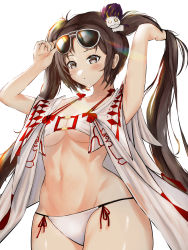 Rule 34 | 1girl, absurdres, ahaha kun, armpits, arms up, bare shoulders, bikini, black hair, blush, breasts, cleavage, closed mouth, collarbone, fate/grand order, fate (series), female focus, grey eyes, hair ornament, highres, holding, holding own hair, holding removed eyewear, long hair, looking down, medium breasts, navel, sidelocks, simple background, solo, sunglasses, swimsuit, twintails, underwear, unworn eyewear, white background, white bikini, yu mei-ren (fate), yu mei-ren (swimsuit lancer) (fate)