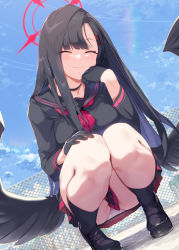 Rule 34 | 1girl, black choker, black footwear, black gloves, black hair, black sailor collar, black serafuku, black skirt, black socks, black wings, blue archive, blue sky, breast rest, breasts, chain-link fence, cheek rest, choker, closed eyes, closed mouth, cloud, contrail, day, facing viewer, fence, from below, full body, gloves, hair ornament, hairclip, half gloves, halo, hand on own knee, ichika (blue archive), loafers, long hair, long sleeves, low wings, medium breasts, miniskirt, neckerchief, ohland, outdoors, panties, pantyshot, pleated skirt, red neckerchief, sailor collar, school uniform, serafuku, shoes, skirt, sky, smile, socks, solo, squatting, swept bangs, thighs, underwear, white panties, wings