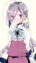 Rule 34 | 1girl, ahoge, arms behind back, blush, bow, closed mouth, dress, grey eyes, grey hair, hair bow, highres, kantai collection, kiyoshimo (kancolle), long hair, long sleeves, looking at viewer, nekometaru, red dress, shirt, simple background, smile, smug, solo, standing, very long hair, white shirt, yellow background, yellow bow