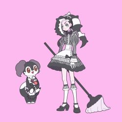 Rule 34 | 1boy, alternate costume, apron, black bow, black footwear, black hair, bow, closed mouth, commentary request, creatures (company), crossdressing, dress, enmaided, eyeshadow, galarian form, galarian zigzagoon, game freak, gen 8 pokemon, green eyes, grey eyeshadow, gym leader, high heels, highres, holding, holding mop, holding pokemon, indeedee, indeedee (female), knees, long hair, long sleeves, maid, makeup, male focus, mop, multicolored hair, nintendo, nyaasechan, pale skin, piers (pokemon), pokemon, pokemon (creature), pokemon swsh, simple background, socks, striped clothes, striped dress, two-tone hair, vertical-striped clothes, vertical-striped dress, waist apron, white apron, white hair, white legwear