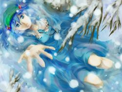 Rule 34 | 1girl, 23ichiya, bad id, bad pixiv id, blue eyes, blue hair, branch, dress, female focus, foreshortening, from above, hair bobbles, hair ornament, hat, kawashiro nitori, key, lips, lying, matching hair/eyes, nature, on back, outdoors, outstretched hand, short hair, snow, solo, submerged, touhou, twintails, two side up, water