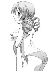 Rule 34 | 10s, 1girl, ass, bikini, blush, breasts, covering privates, covering breasts, drill hair, greyscale, hair ornament, large breasts, looking at viewer, mahou shoujo madoka magica, mahou shoujo madoka magica (anime), monochrome, profile, side-tie bikini bottom, solo, swimsuit, tomoe mami, topless, twin drills, twintails, untied, urase shioji
