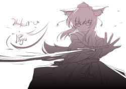 Rule 34 | 1girl, animal ears, bare shoulders, detached sleeves, hat, inubashiri momiji, japanese clothes, looking at viewer, monochrome, short hair, simple background, solo, swinging, sword, tail, tokin hat, touhou, tsubasa (abchipika), weapon, white background, wide sleeves, wolf ears, wolf tail