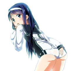 Rule 34 | 1girl, ass, blue eyes, blue hair, covering privates, covering ass, futaba aoi (vividred operation), hairband, hand on own ass, long hair, looking back, matching hair/eyes, open mouth, school uniform, shirogane (seemee), short shorts, shorts, simple background, sirogane12, solo, trefoil, vividred operation, white background