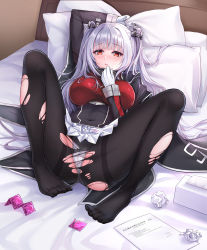 Rule 34 | 1girl, bed, black pantyhose, condom, essex (warship girls r), feet, gloves, highres, long hair, looking at viewer, panties, panties under pantyhose, pantyhose, pillow, red eyes, silver hair, skirt, thighhighs, torn clothes, torn legwear, twintails, underwear, warship girls r, white panties, yuemanhuaikong