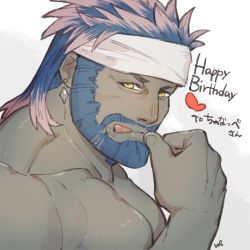 Rule 34 | 1boy, warrior of light (ff14), bara, beard, blue hair, commentary request, earrings, facial hair, final fantasy, final fantasy xiv, jewelry, looking at viewer, male focus, mature male, muscular, muscular male, roegadyn, solo, tongue, tongue out, translation request, uori, yellow eyes