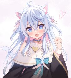 Rule 34 | 1girl, :d, ahoge, animal ears, bell, black jacket, blue bow, blue choker, blue eyes, blue hair, blush, bow, cat ears, cat girl, cat tail, choker, collared shirt, commentary request, ctstudio (executional), diagonal-striped bow, grey background, hand up, heart, highres, indie virtual youtuber, jacket, jingle bell, kagura nana, long hair, long sleeves, looking at viewer, multicolored hair, neck bell, off shoulder, open mouth, pink hair, shirt, sleeveless, sleeveless shirt, smile, solo, sumisaki yuzuna, tail, two-tone hair, two side up, upper body, very long hair, virtual youtuber, white shirt, wide sleeves, wrist cuffs