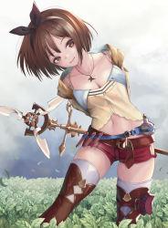 Rule 34 | 1girl, absurdres, atelier (series), atelier ryza, atelier ryza 1, belt, breasts, brown eyes, brown hair, cloud, cloudy sky, commentary request, day, field, hair ornament, hair ribbon, hairband, hairclip, highres, jewelry, leaning to the side, looking at viewer, medium breasts, navel, necklace, nekobell, outdoors, red shorts, reisalin stout, ribbon, short hair, short shorts, shorts, sky, smile, solo, standing, star (symbol), sword, thighhighs, thighs, weapon